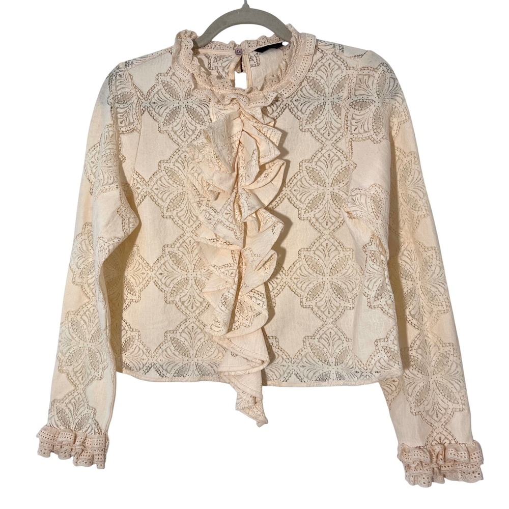 Zara Blouse Size S Beige Lace Ruffle Front Regency Eyelet Edwardian Romantic Top